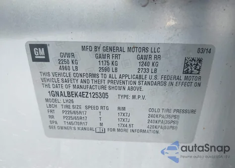 2014 Chevrolet Equinox 1Lt из США, поврежденный, VIN 1GNALBEK4EZ125305